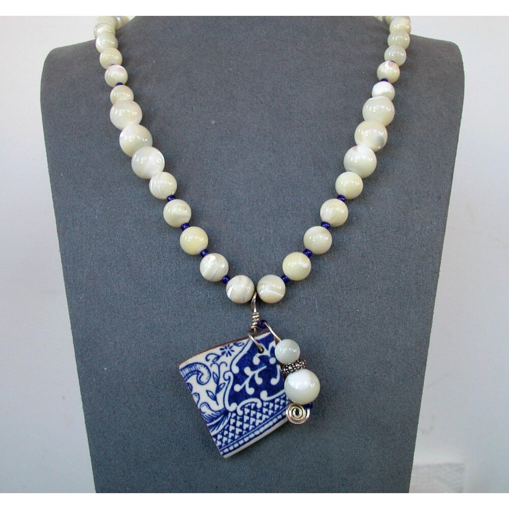 Vintage Ceramic Tile Necklace With Mother Of Pearl Beads & Blue Accents